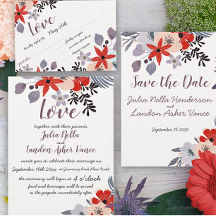 Coral Navy and Grey Zig Zag Typography Wedding Invitation