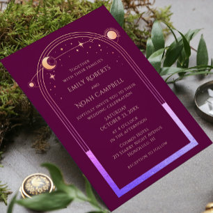 Mystical Chic Fuchsia Gold Star Moon Photo Space Invitation