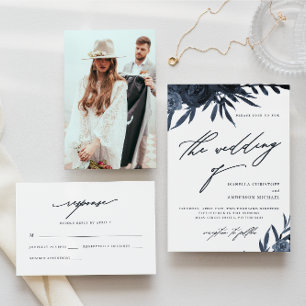 Elegant Script Dark Blue Floral Wedding Invitation