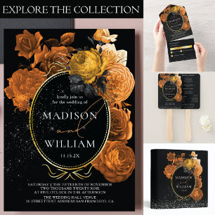 Elegant Wedding Black Orange Floral Invitation