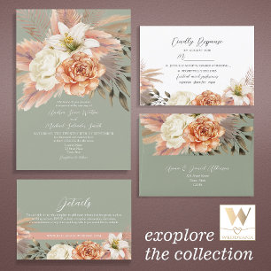 Sage Green and Peach Floral Wedding Invitation