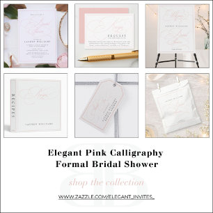 Elegant Pink Calligraphy Bridal Shower Recipe Card