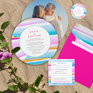 Abstract tropical tide lines pink teal wedding invitation