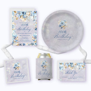 Blue White Watercolor Floral 100th Birthday  Napkin
