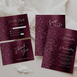Glam Burgundy Metallic Wedding Flat Thank You Card