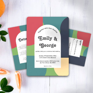 Modern Groovy Colourful Abstract Retro Wedding Invitation