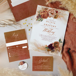 Rust Terracotta Flowers and Pampas Grass Wedding Tri-Fold Invitation