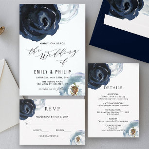 Chic Navy Blue Peony Pre-Printed Address RSVP Envelope