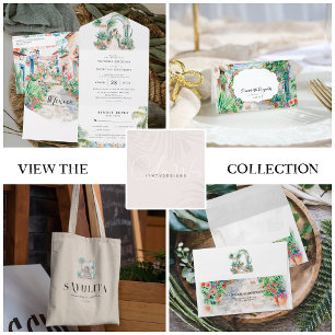 Watercolor Mexico Hacienda Church Wedding Invitation