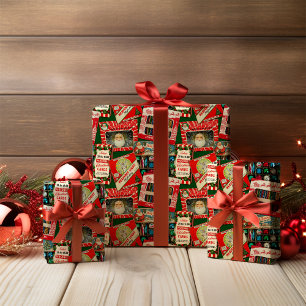 Retro Vintage Christmas Cards Collage Wrapping Paper Sheet