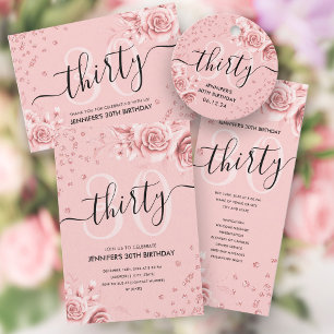 Rose Gold Floral Glitter 30th Birthday Script Invitation