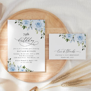 Dusty Blue Flowers, Greenery, Boho, Birthday Invitation