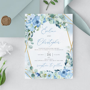 Rustic Blue Roses Gold Geometric Wedding Shower Invitation