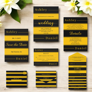 Elegant Fancy Black And Gold Stripes Chic Wedding Save The Date
