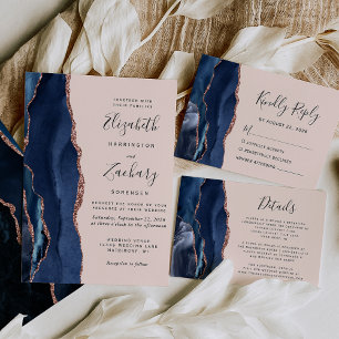 Modern Navy Blue Agate Rose Gold Blush Wedding Invitation