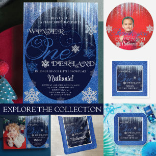 Winter ONEderland Glitter Blue 1st Birthday Invitation