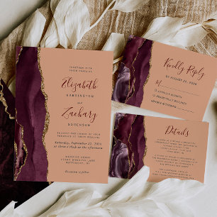 Modern Burgundy Gold Agate Peach Wedding Invitation