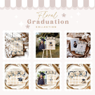 Elegant Navy Blue Floral Graduation  RSVP Card