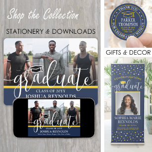 Modern Script Navy Blue & Gold 4 Photo Graduation Announcement