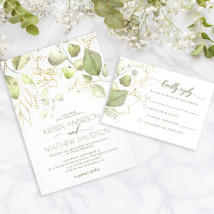 Elegant Boho Watercolor Greenery Gold Wedding Invitation
