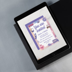 Y2K Pink Purple 2000s Retro Tech Geek Love Wedding Invitation