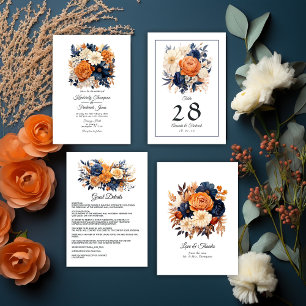Navy Blue, Burnt Orange & Champagne Floral Wedding Invitation