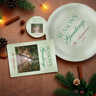 Season's Greetings Gingham Christmas Round Paper Coaster