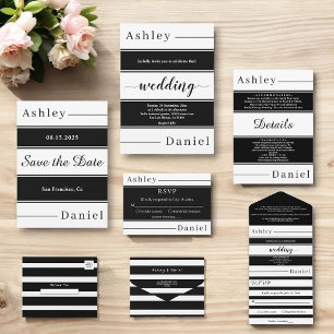 Modern Black And White Stripes Elegant Wedding All In One Invitation
