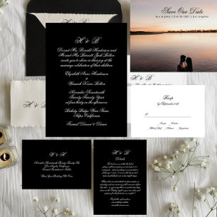 Calligraphy Monogram Black & White Formal Wedding Invitation