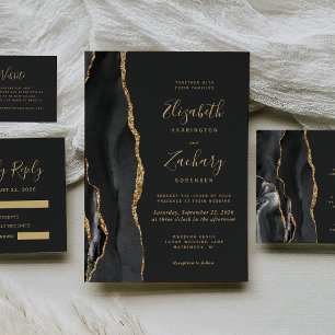 Modern Black Gold Agate Dark Wedding Invitation