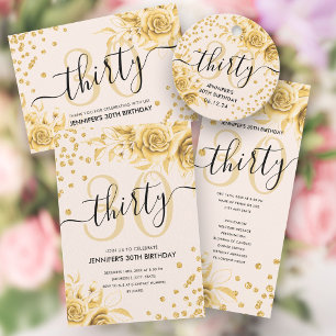 Glam Gold Floral Glitter 30th Birthday Script Classic Round Sticker