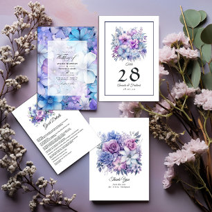 Silver, Icy Blue and Lilac Floral Wedding Invitation