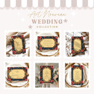 Navy Blue Floral  Wedding Art Nouveau Invitation