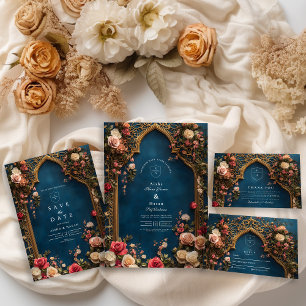 Navy Blue Floral Islamic Wedding Thank You Card