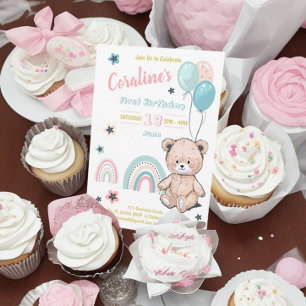First Birthday invitations with a cute teddy bear.
