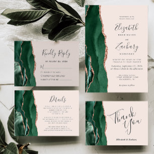 Chic Emerald Green Rose Gold Agate Blush Wedding Invitation