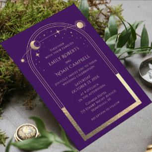 Mystical Purple Gold Sun Moon Stars Space Save The Date
