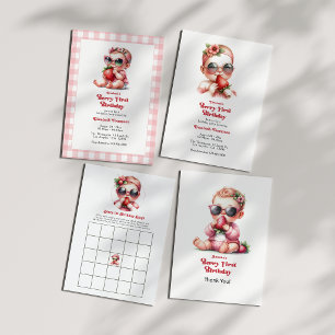 Pink Gingham & Strawberry Berry 1st Birthday Party Invitation