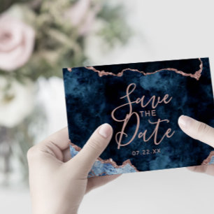 Navy Blue Rose Gold Agate Gilt Wedding Invitation