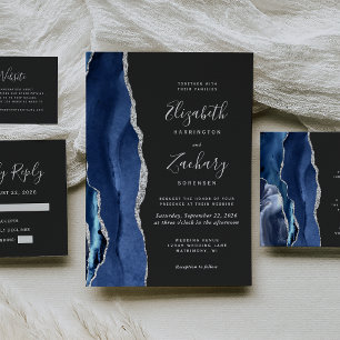 Modern Navy Blue Silver Agate Dark Wedding Invitation