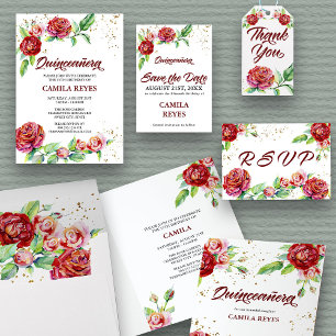 Vintage Red Roses Gold Confetti Floral Quinceanera Invitation