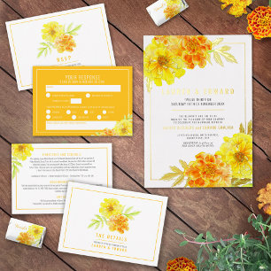 Yellow marigold watercolor flowers wedding Tri-Fold invitation