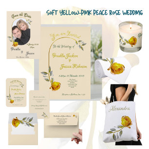 Soft Yellow Peace Rose w' Gold Green Leaf Wedding  Envelope
