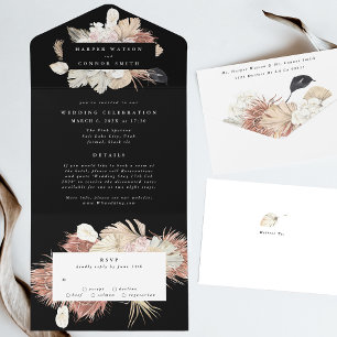 Floral Pampas Grass Tropical Jungle Black Invitation