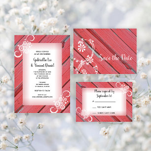 Red Barn Wood and Flowers Country Wedding RSVP