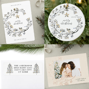 Merry Christmas   Green & Cream Photo Rose Gold Foil Holiday Card