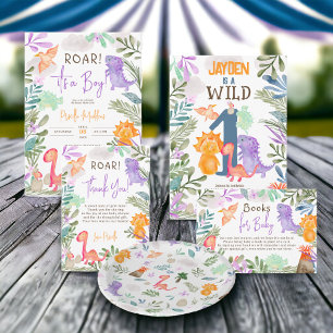 Cute watercolor dinosaurs greenery wild one 1st invitation