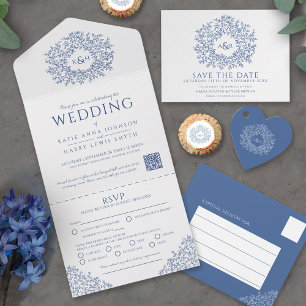 blue white hand drawn leaf monogram art wedding invitation