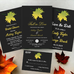Elegant Rustic Fall Leaves Black And White Wedding Invitation