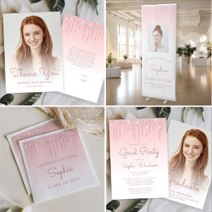 Class of 2024 Pink Glitter Drip Graduation Napkin